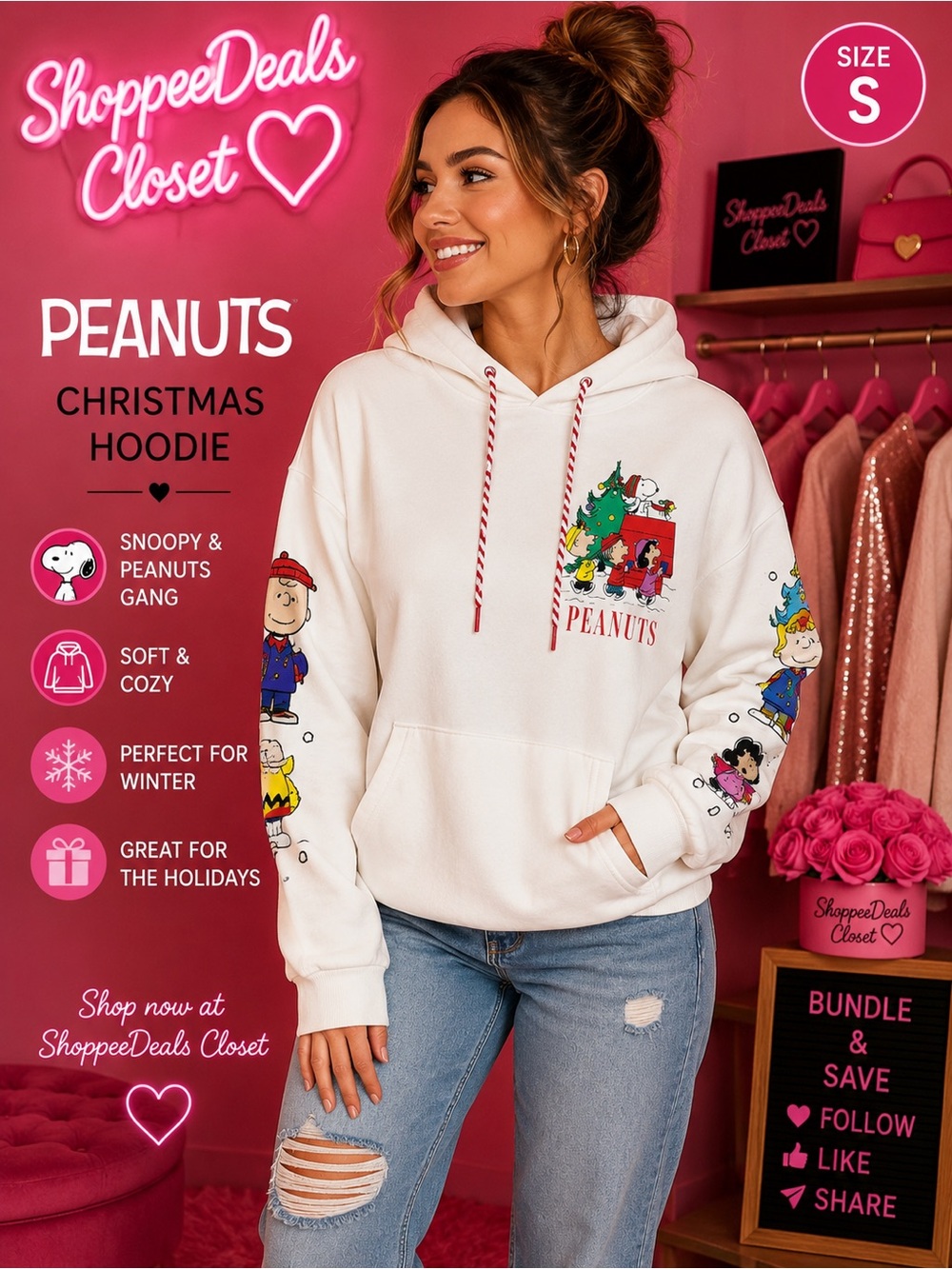 Peanuts Christmas Winter White Hoodie Snoopy Charlie Brown Holiday Pullover